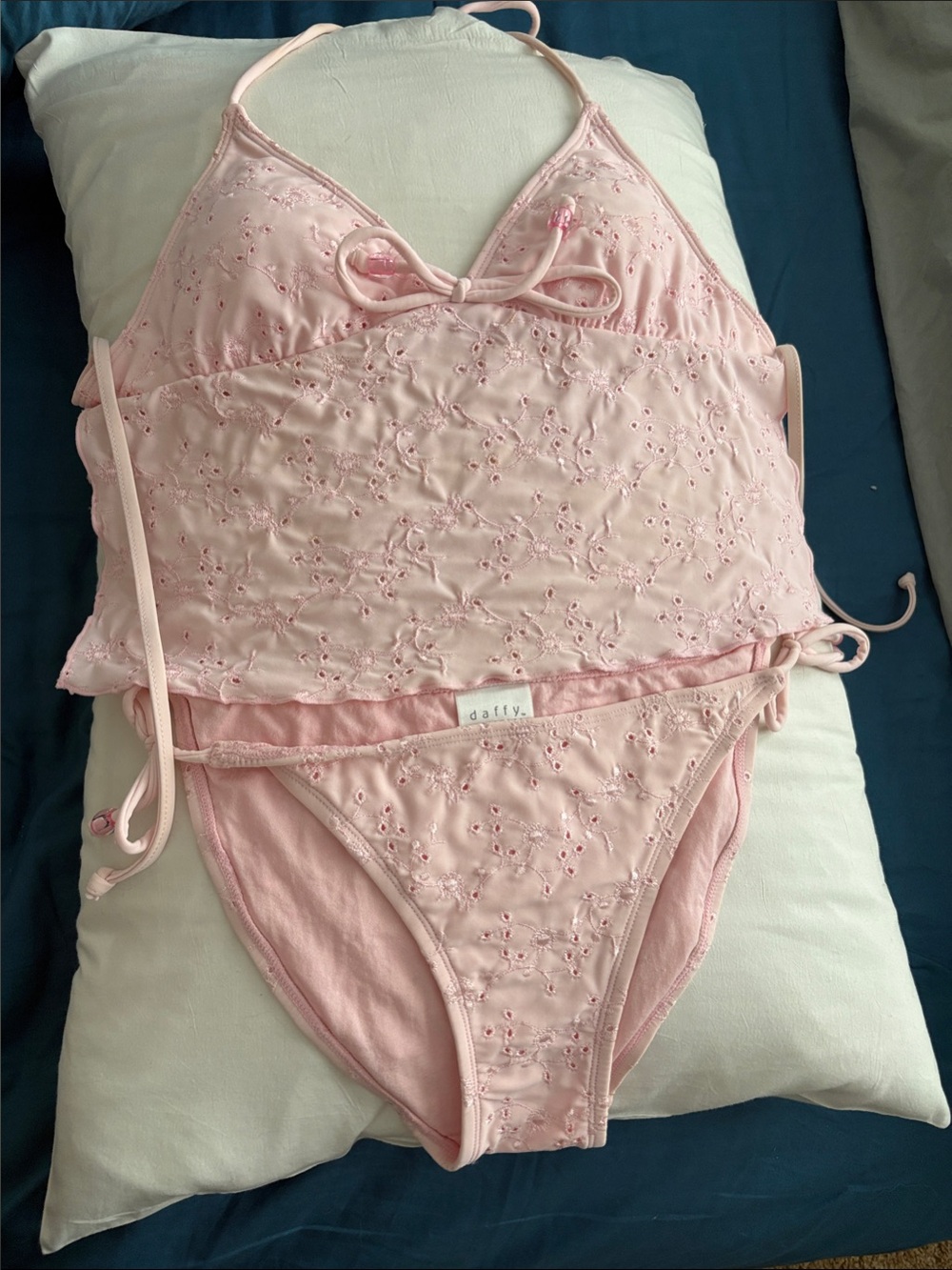 Daffy Soft Pink Embroidered Tankini & Bikini Set